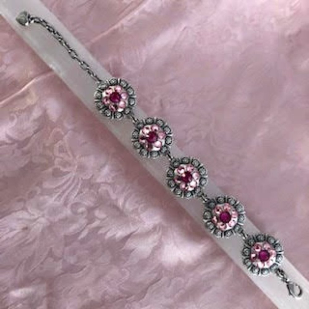 Five Pink & Red Rhinestone Flower Links Bracelet